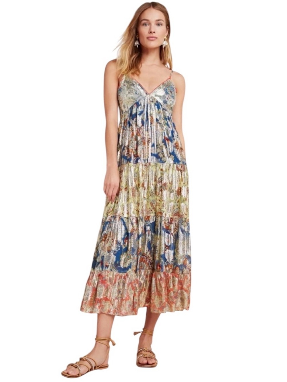 NWT-Anthropologie x Verb by Pallavi Singhee Echo Tiered Metallic Maxi Dress